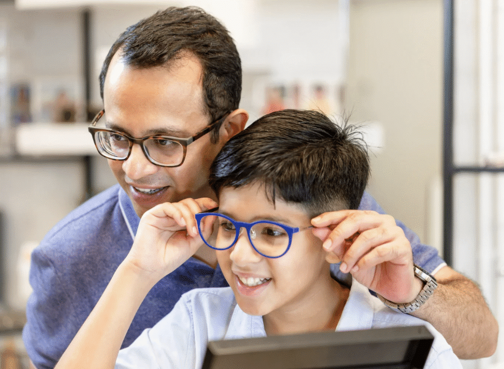 young man trying on glasses